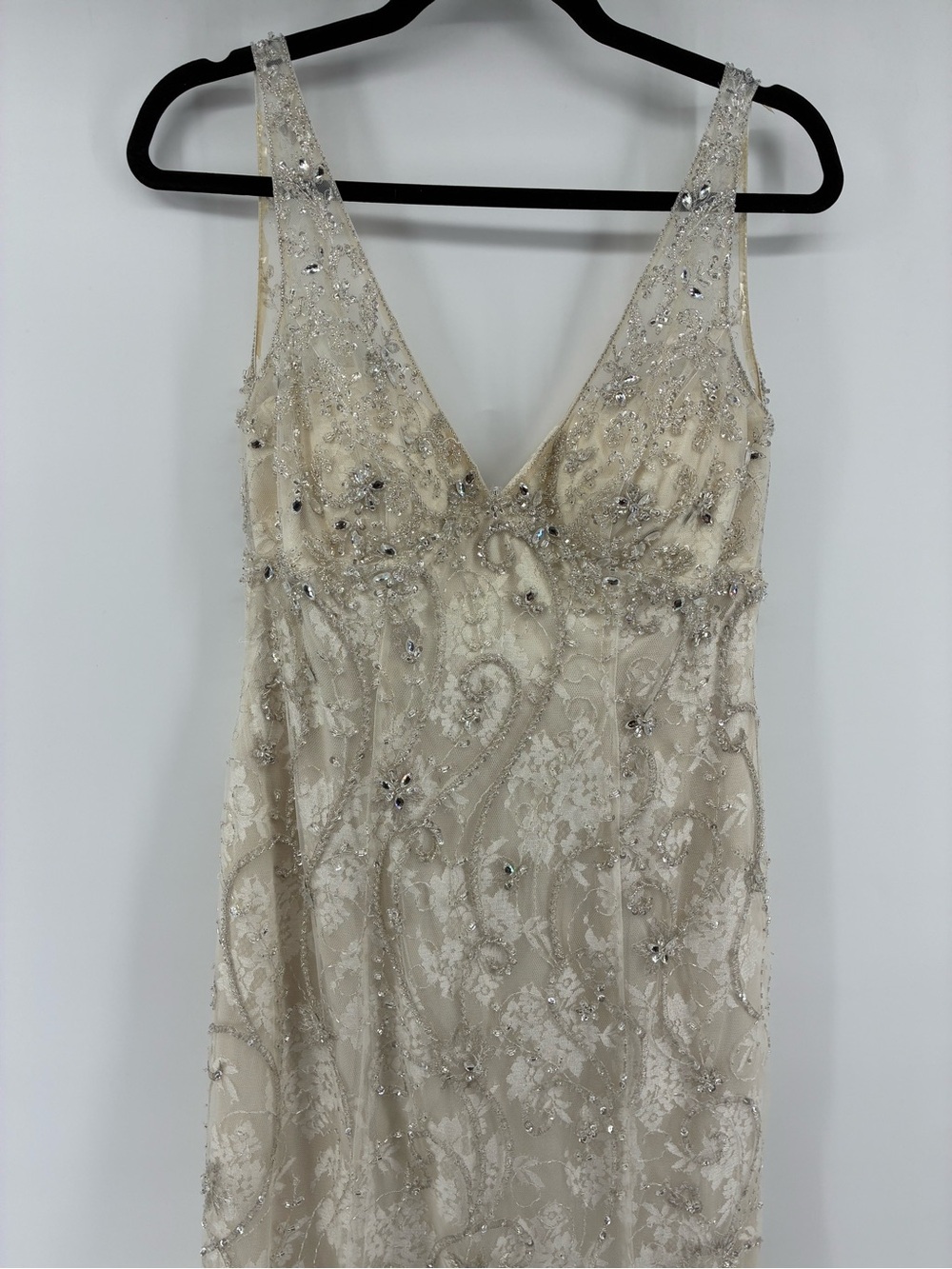 Beaded Ivory Lace Evening Dress with V-Neck - Picture 2 of 11